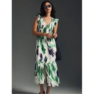 Anthropologie Peregrine Midi Dress Green Purple Abstract Smocked Tiered Small